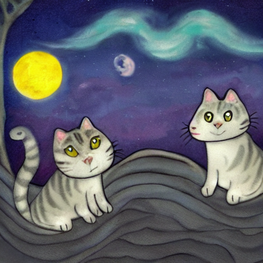 Image generated using the Craiyon.com tool from the text prompt: "Sad cats wearing gowns, looking up with hope at the far moon and wishing that they could be flying dragons dropping hope blossoms."
